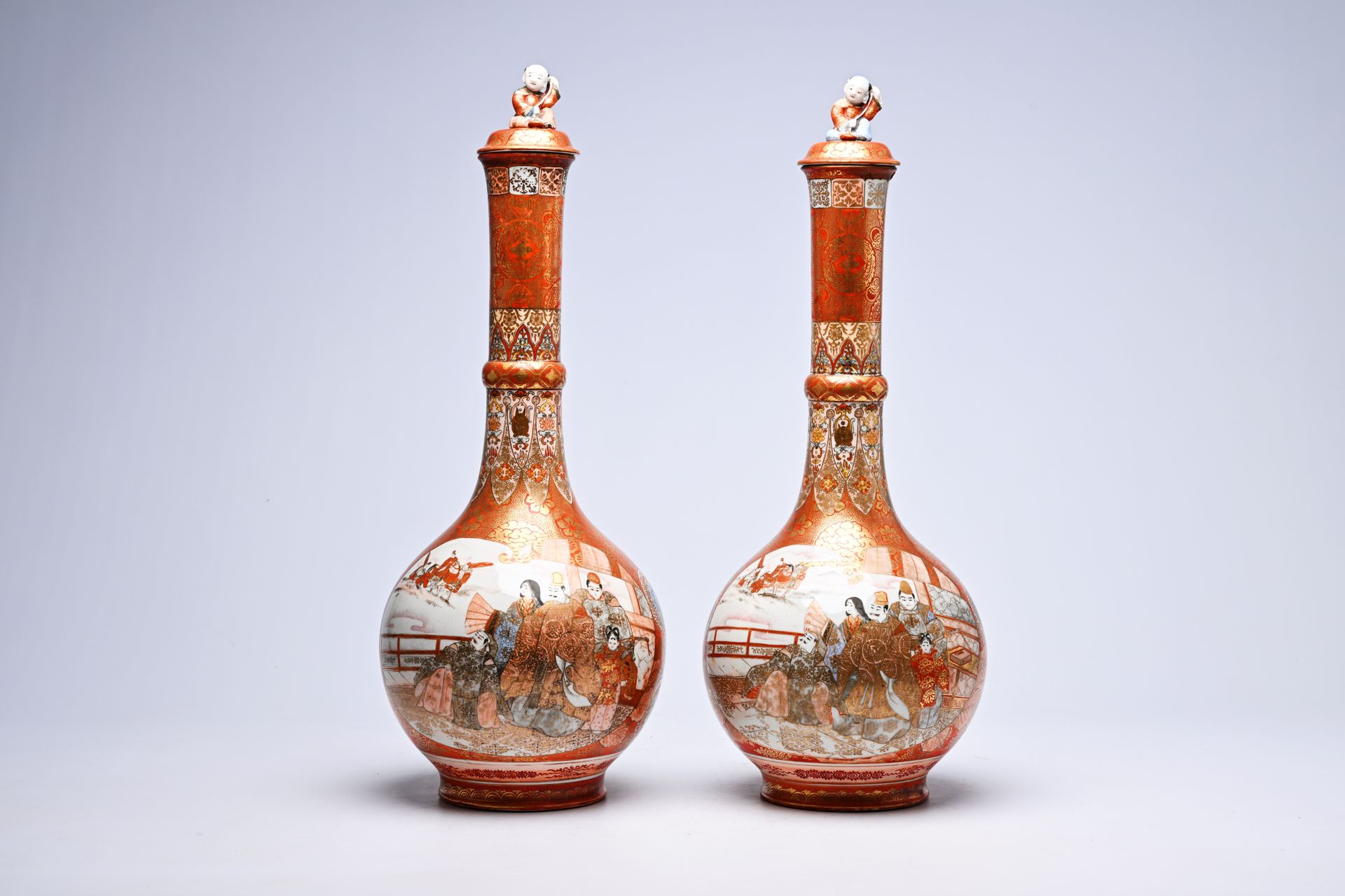 A pair of Japanese Kutani bottle-shaped vases and covers with a coot among bloss&hellip;