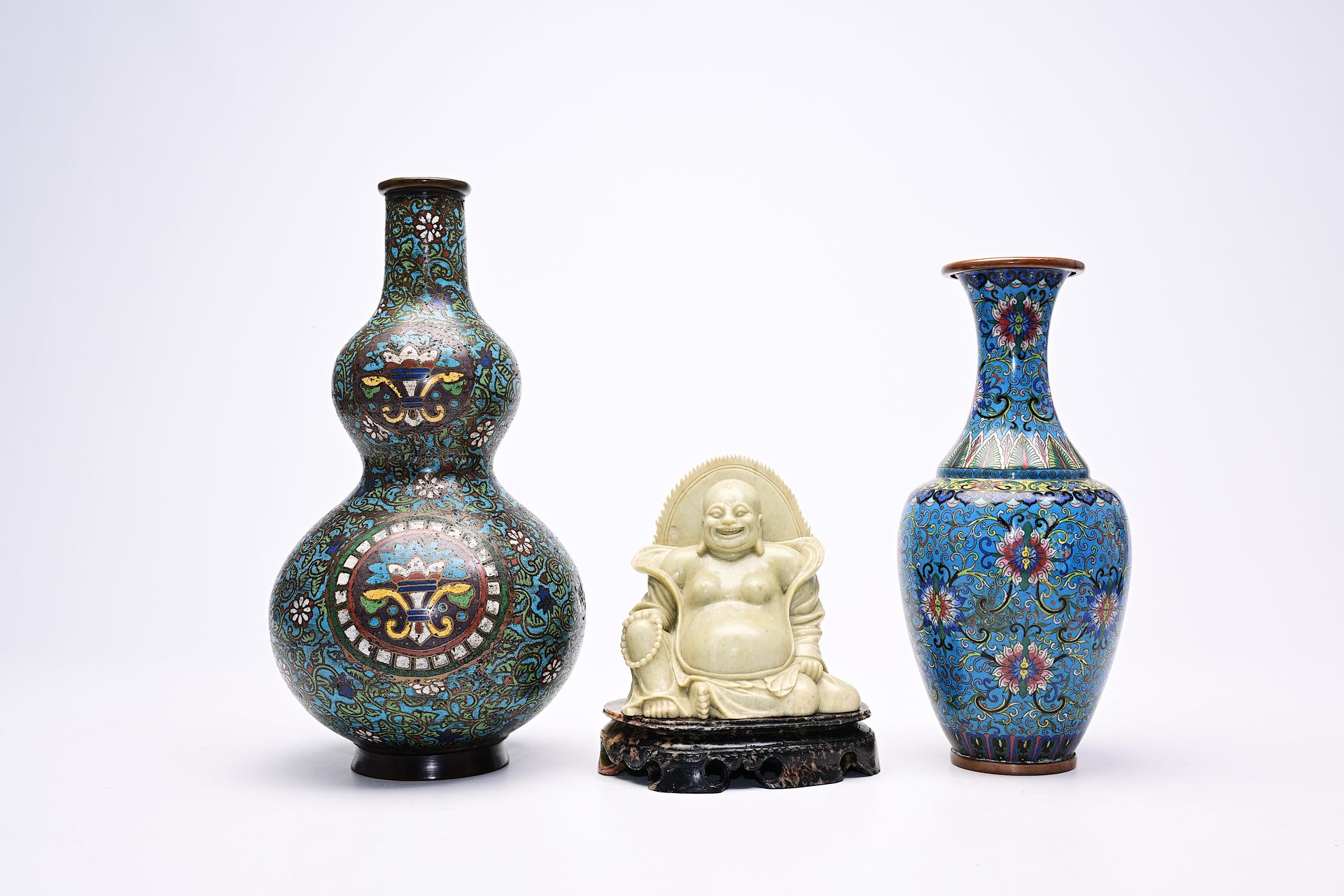 Two cloisonne and champleve vases and a soapstone figure of Buddha, China and Ja&hellip;