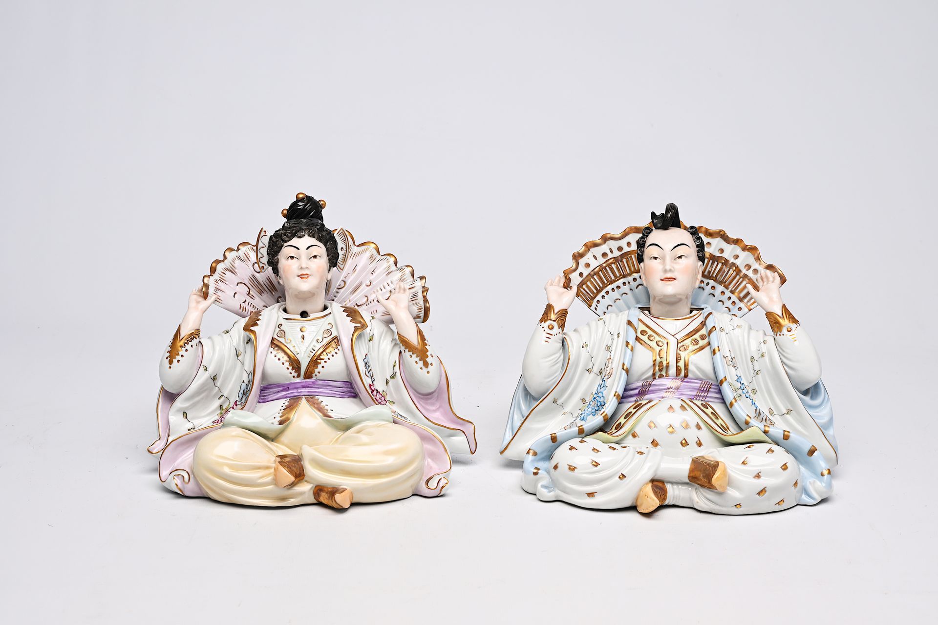 A pair of polychrome decorated Scheibe-Alsbach porcelain nodding-head mandarin f&hellip;
