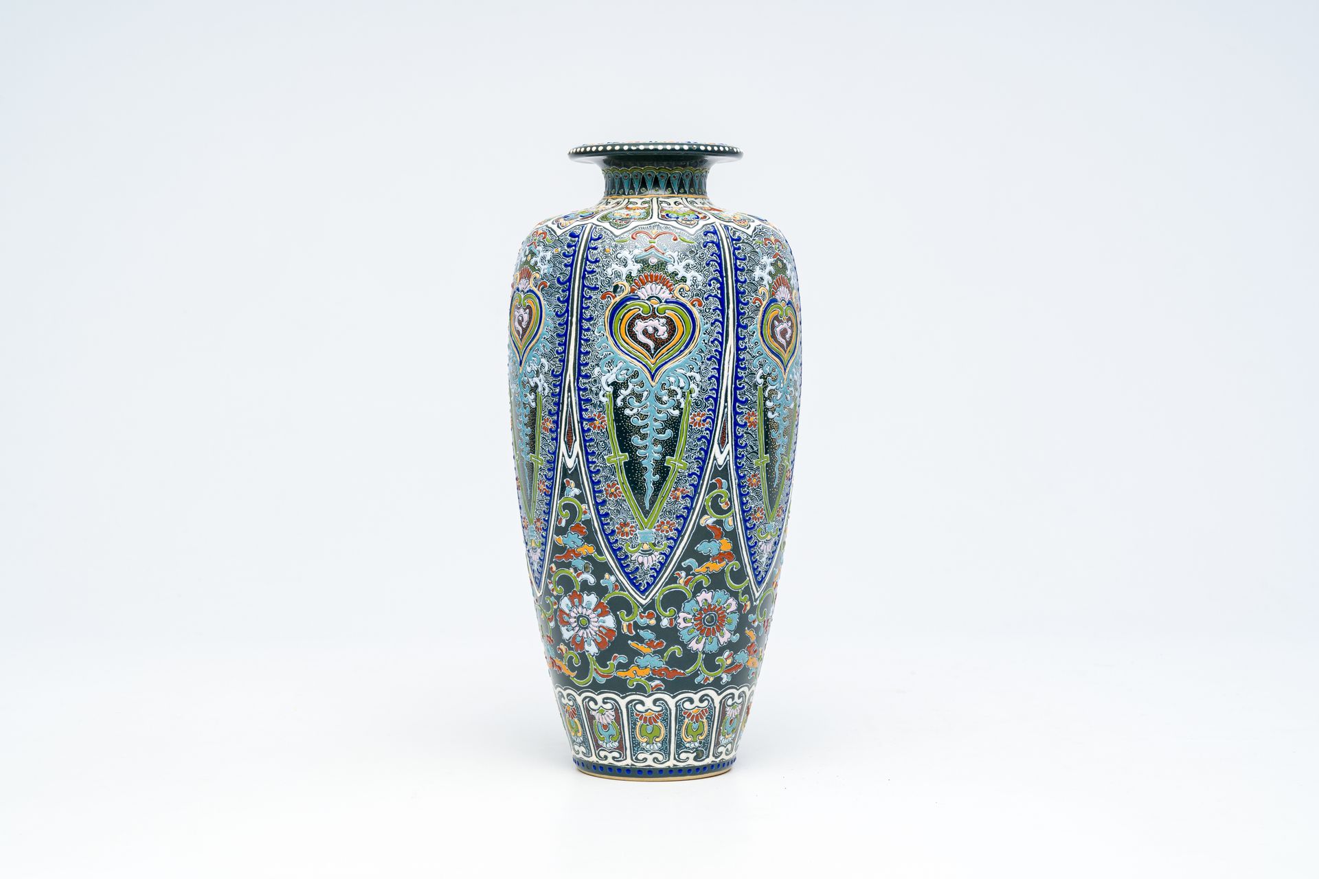 A Japanese pseudo cloisonne Satsuma vase with floral design, signed Tanzan, Meij&hellip;