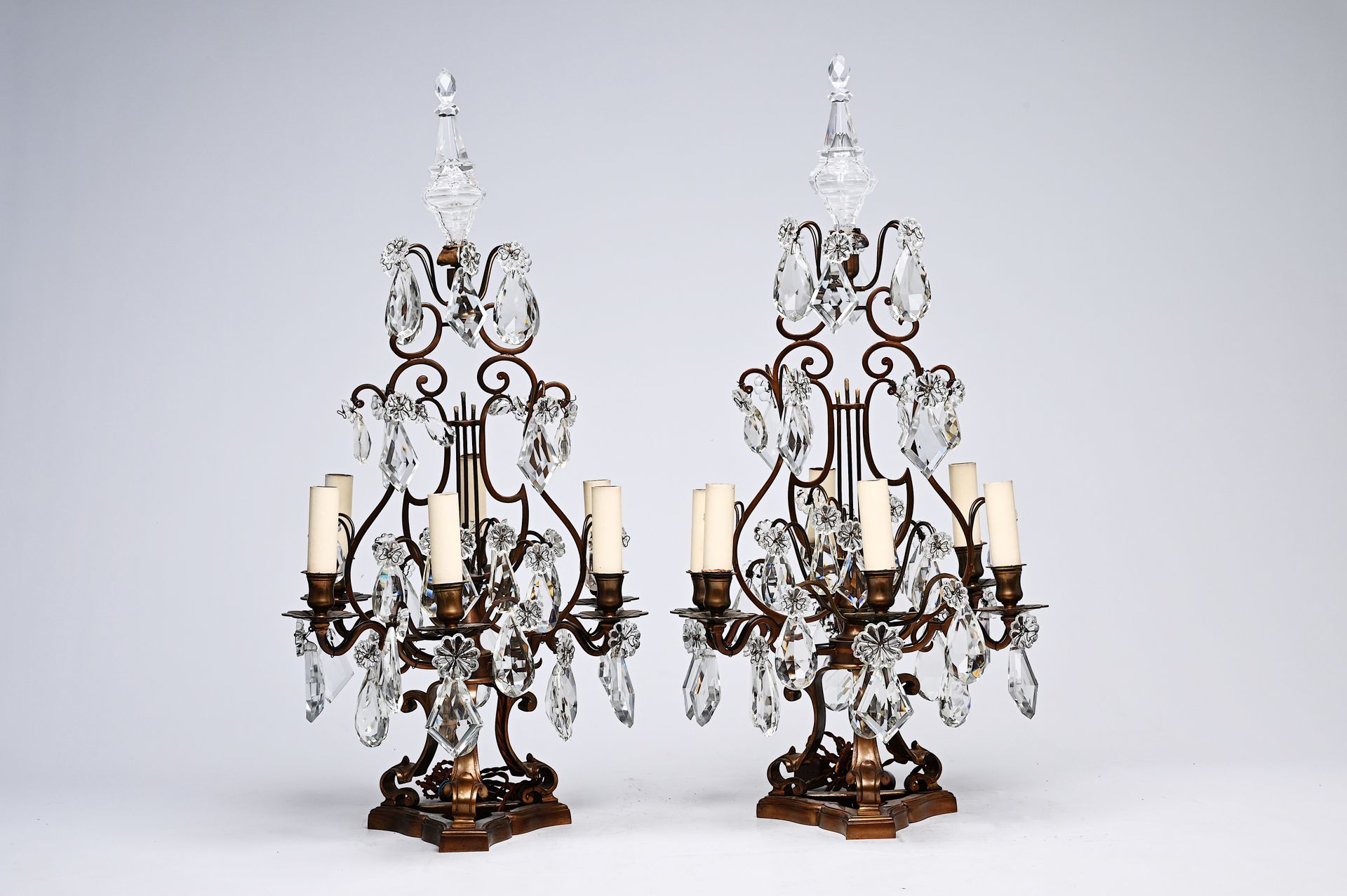 A pair of French Louis XIV style patinated bronze and cut crystal six-lights gir&hellip;