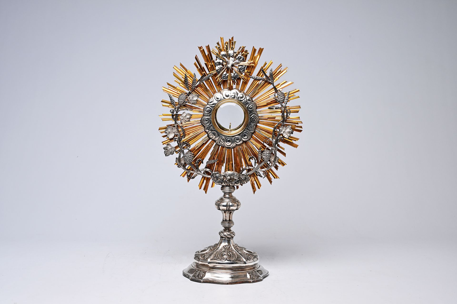 A Belgian partly gilt silver monstrance with grape vines, the Mystic Lamb and th&hellip;
