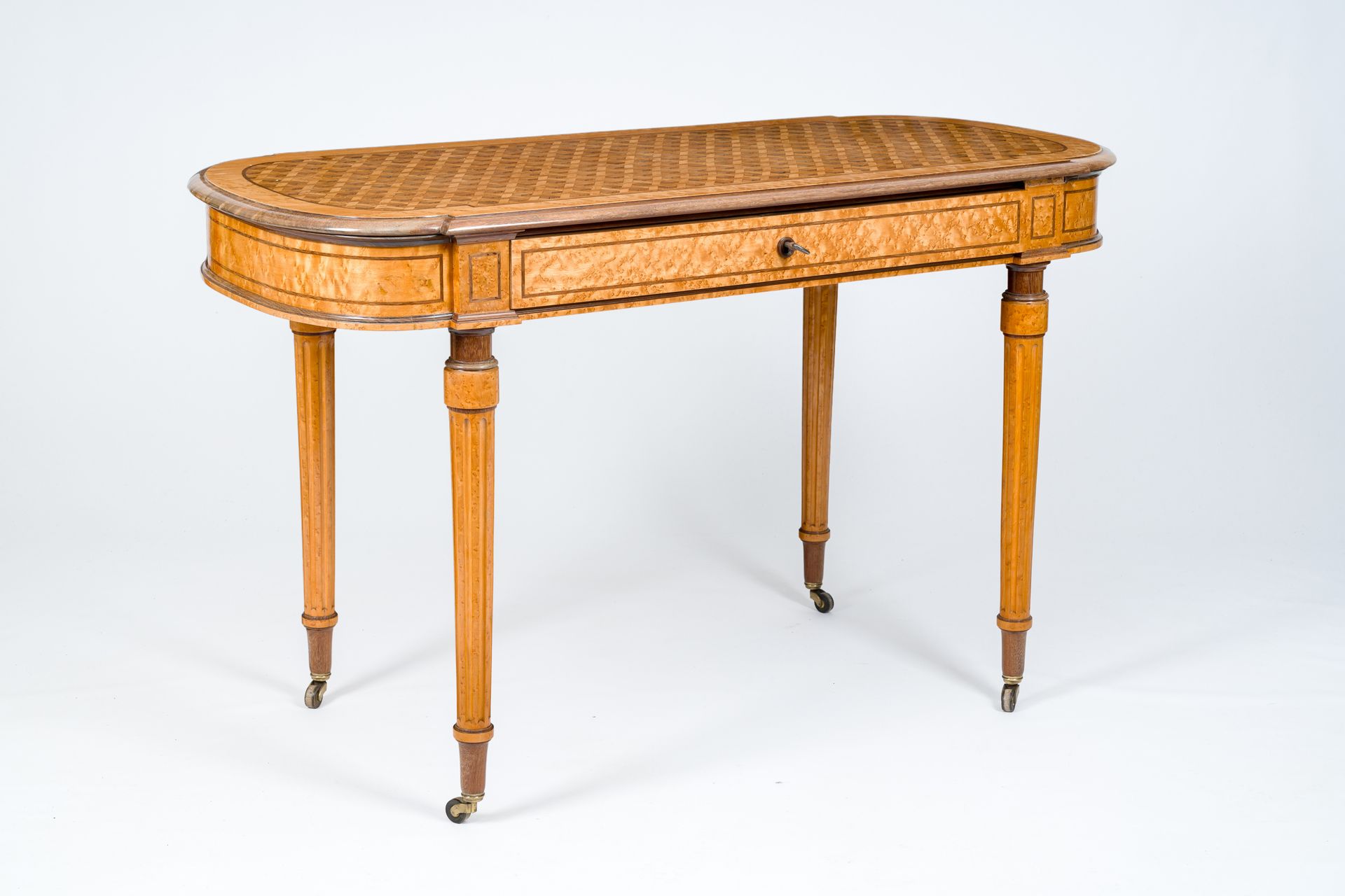 A burl wood veneered parquetry top Biedermeier style table, 19th/20th C. A burl &hellip;
