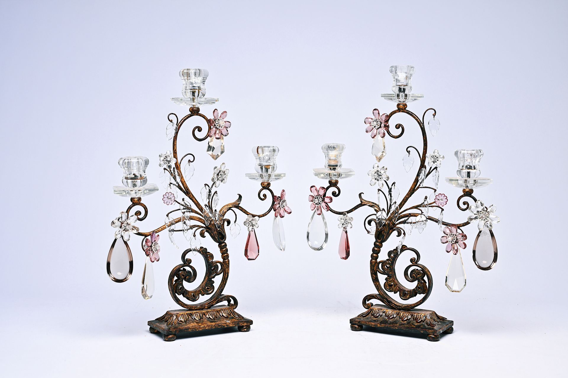 A pair of French gilt metal S-shaped candelabra with cut amethyst and amber crys&hellip;