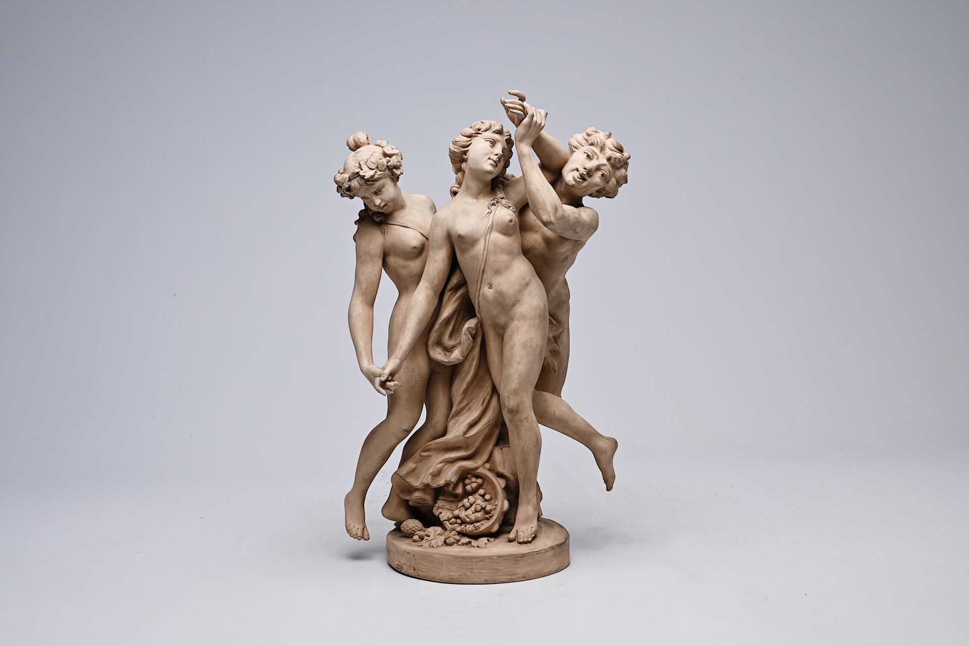 French school, after Clodion (1738-1814): Two nymphs and a satyr, patinated terr&hellip;