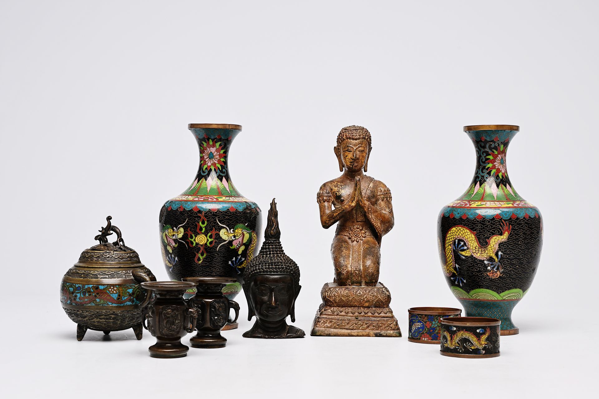 A varied collection of bronze and cloisonne items and two paintings on silk, Chi&hellip;