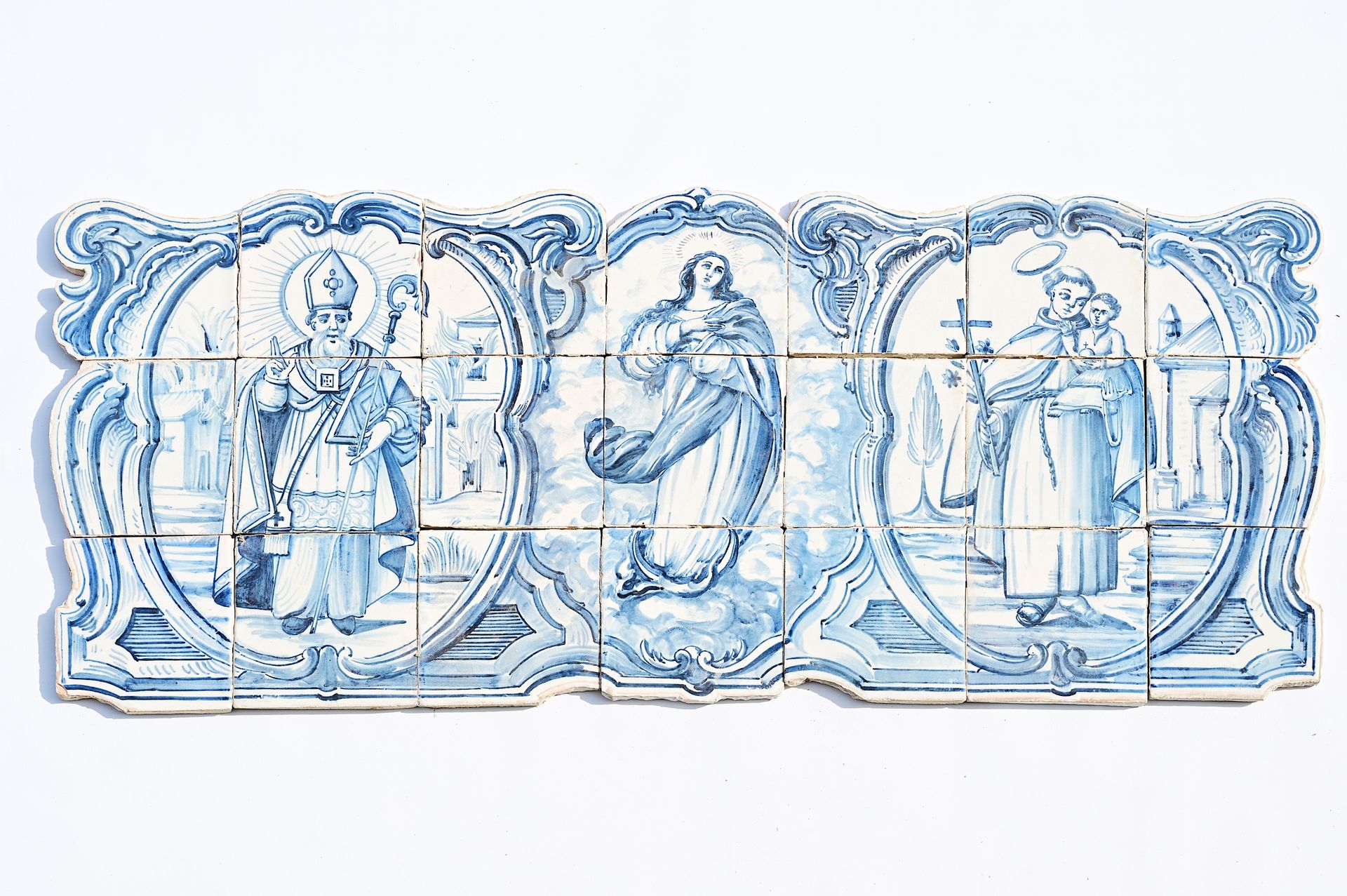 A Portuguese blue and white tile mural with the Madonna and two saints, late 18t&hellip;