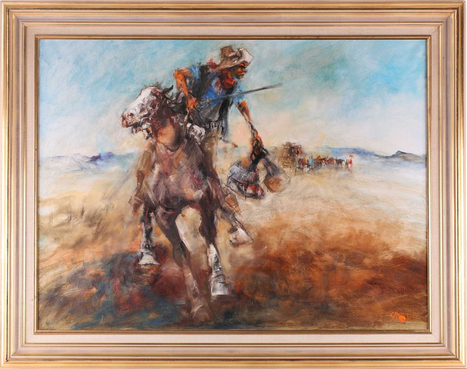 Null Hugh David Sawrey (1919-1999) 澳大利亚，[狂野的殖民地男孩] - "逍遥游"，大型布面油画，右下角有签名，75cm x &hellip;