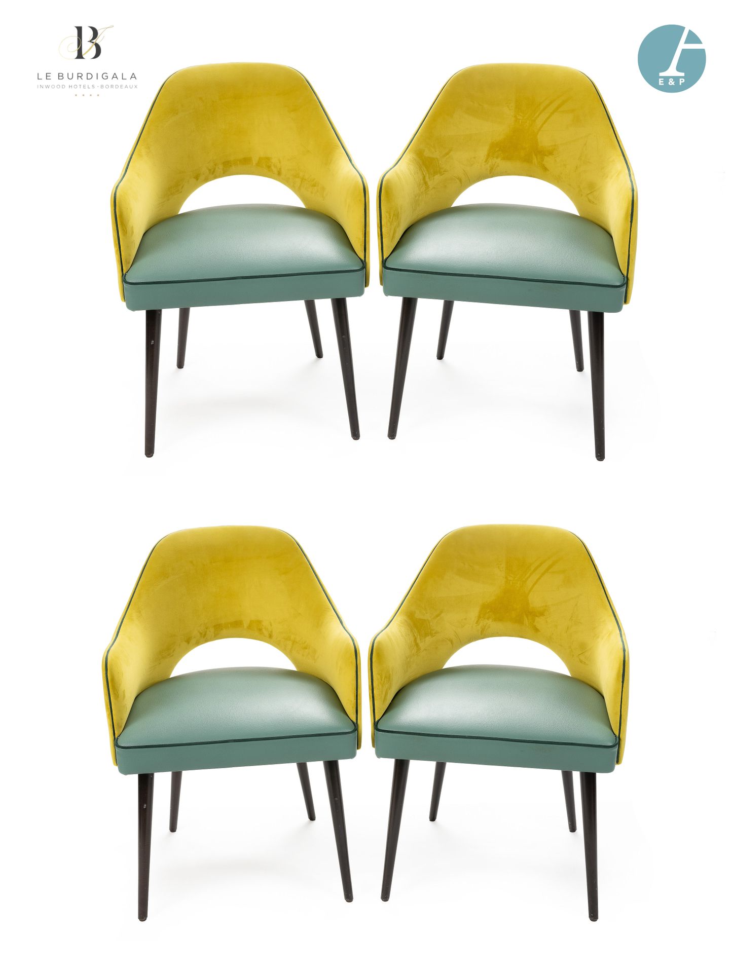 Null 
从波尔多的4*酒店Burdigala出发





一套4把扶手椅，天然木制锥形椅腿，绿色仿皮座椅，黄色天鹅绒贡多拉椅背。品牌COLLINET座椅
&hellip;