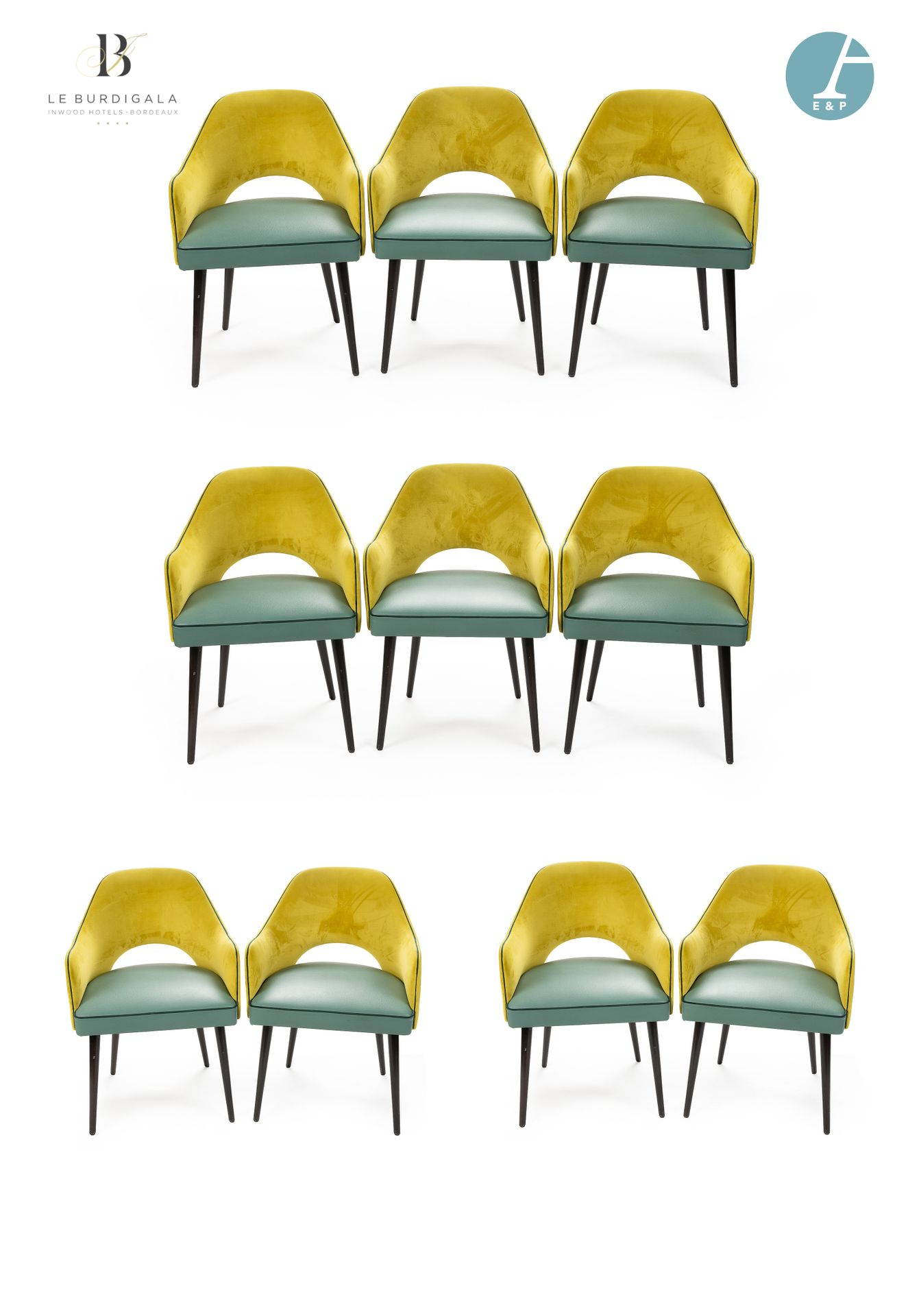 Null 
从波尔多的4*酒店Burdigala出发














一套10把扶手椅，天然木制锥形椅腿，绿色仿皮座椅，黄色天鹅绒贡多拉椅背。品牌C&hellip;