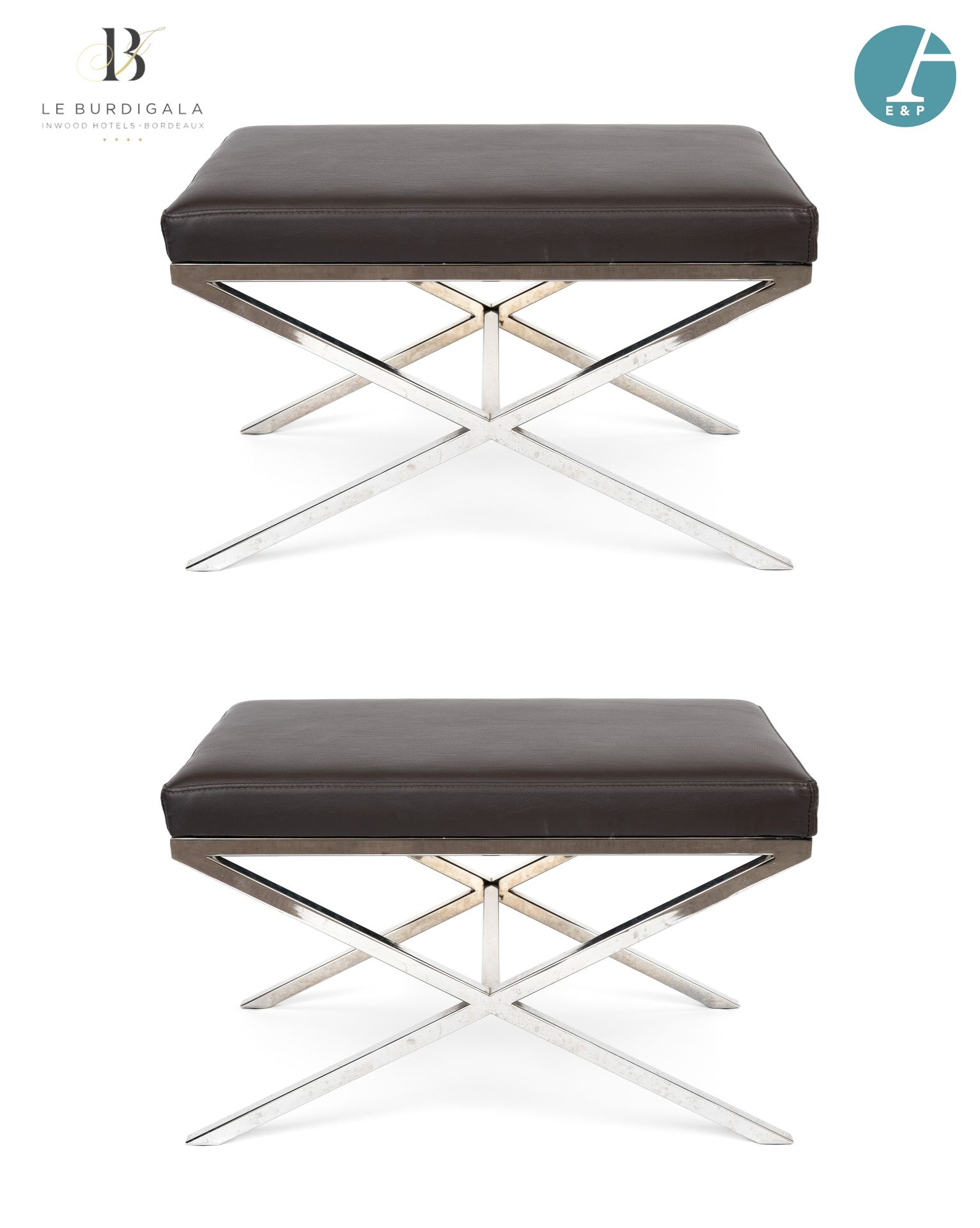 Null 
从波尔多的4*酒店Burdigala出发














PORADA意大利制造，一套两个镀铬X型底座的行李凳，棕色的皮革软垫。



&hellip;