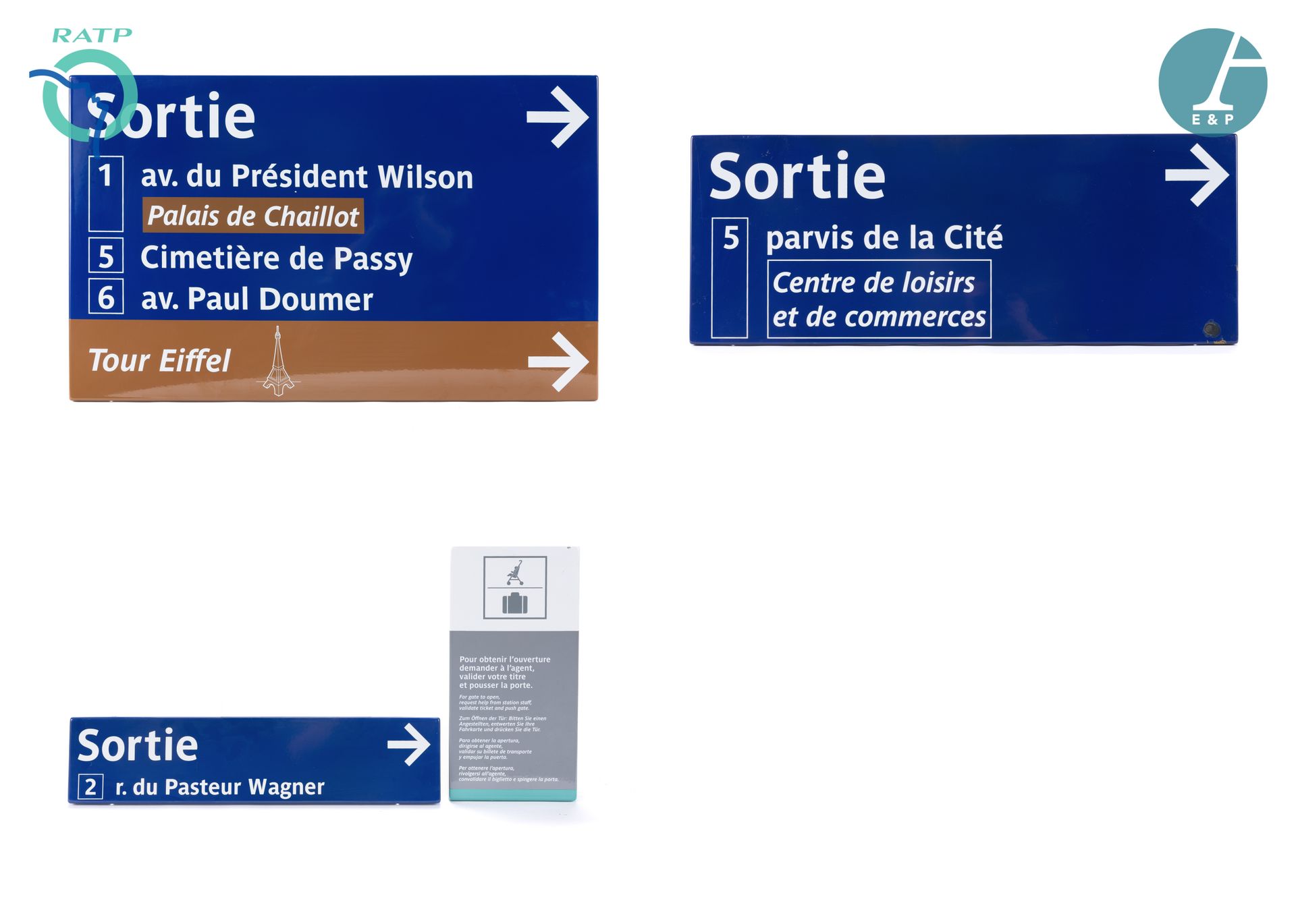 Null Set of 4 nameplates, enamelled iron, indicating :

1) Exit Avenue du Pdt Wi&hellip;