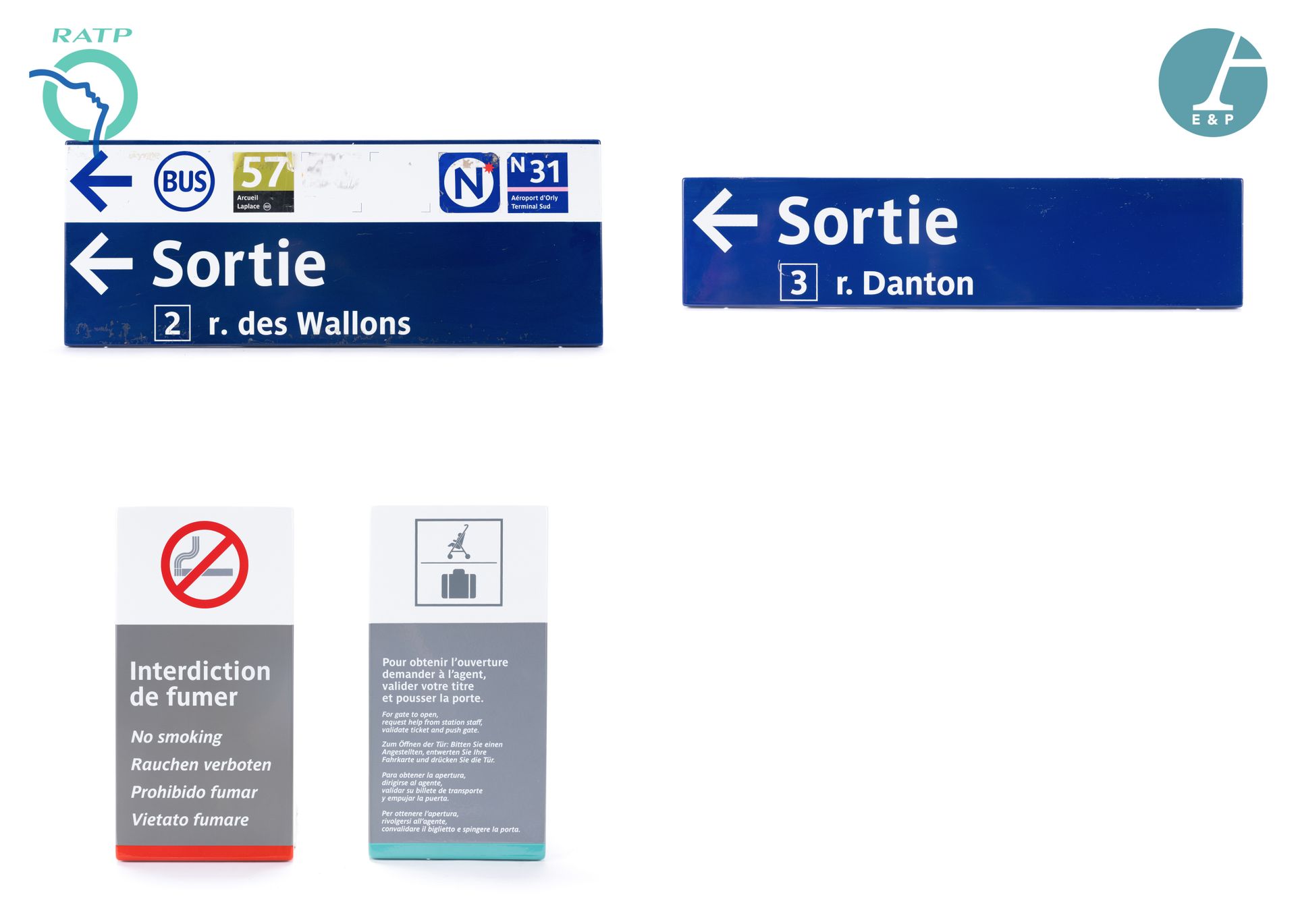 Null 一套4个铭牌，珐琅铁，表示:

1）57路公交车--31号夜班车--Rue des Wallons出口。

2) 离开丹东街

3）禁止吸烟，有象形图&hellip;