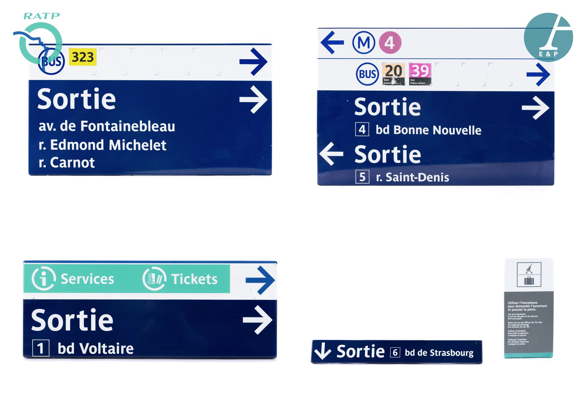 Null 一套5个铭牌，珐琅铁，表示:

1) 出口Bd Voltaire

2) 地铁4号线--20和39路公交车--Bd Bonne Nouvelle和Ru&hellip;