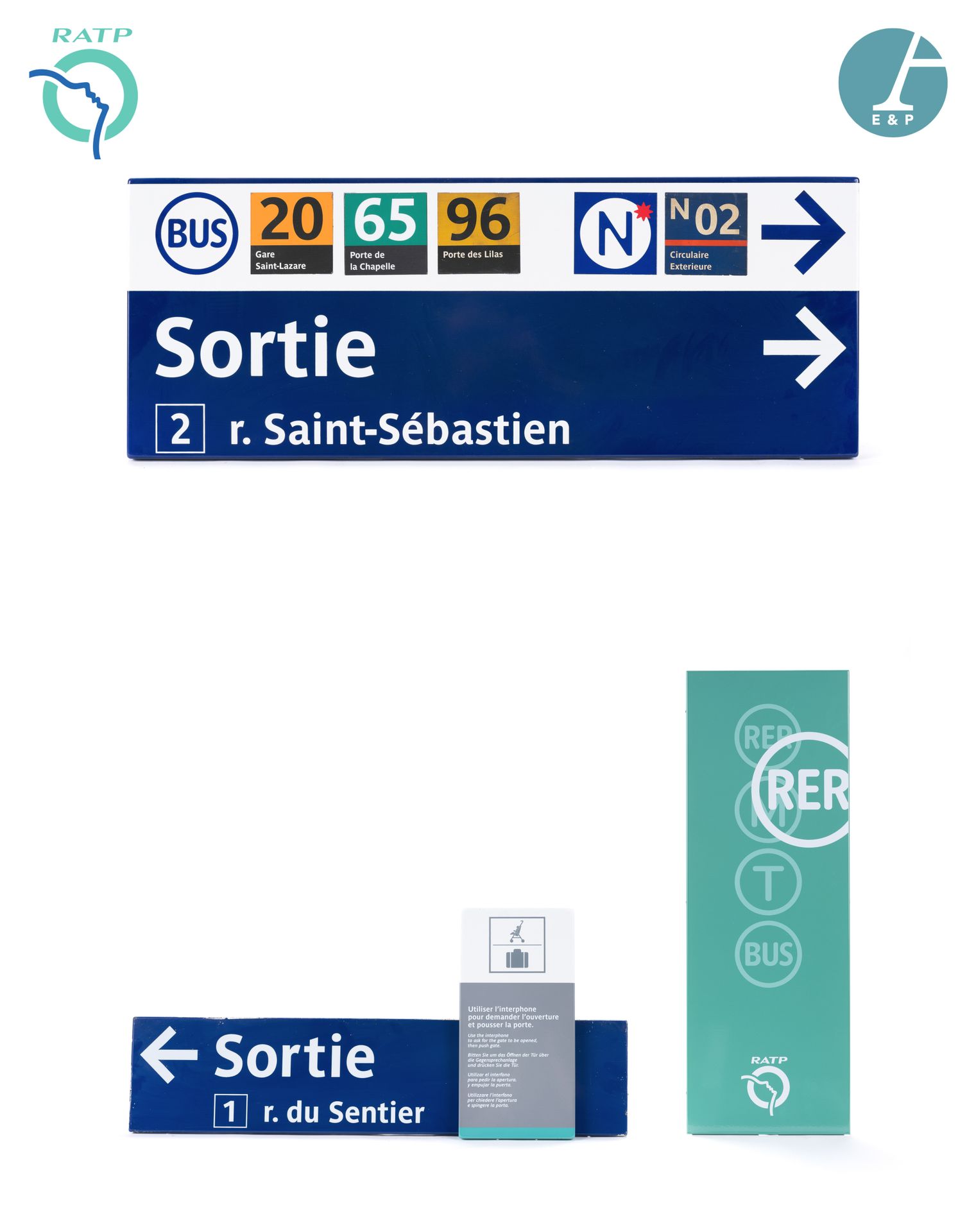 Null 一套4个铭牌，珐琅铁，表示:

1）有玉石背景和RATP标志的RER

2）从Rue du Sentier出口出来

3）从Rue St Sébast&hellip;