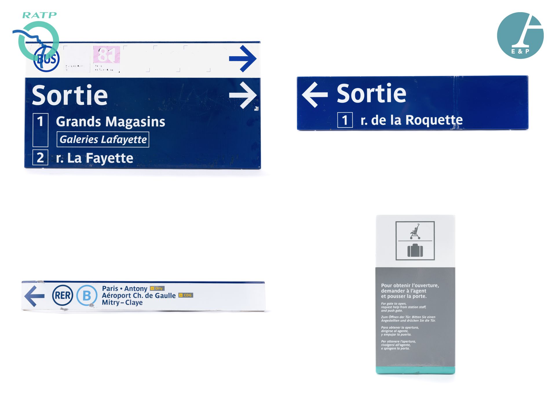 Null 一套4个铭牌，珐琅铁，表示:

1）RER B巴黎安东尼机场CDG米特里-克莱伊（震惊）。

2）从Rue de la Roquette出口出来

3&hellip;