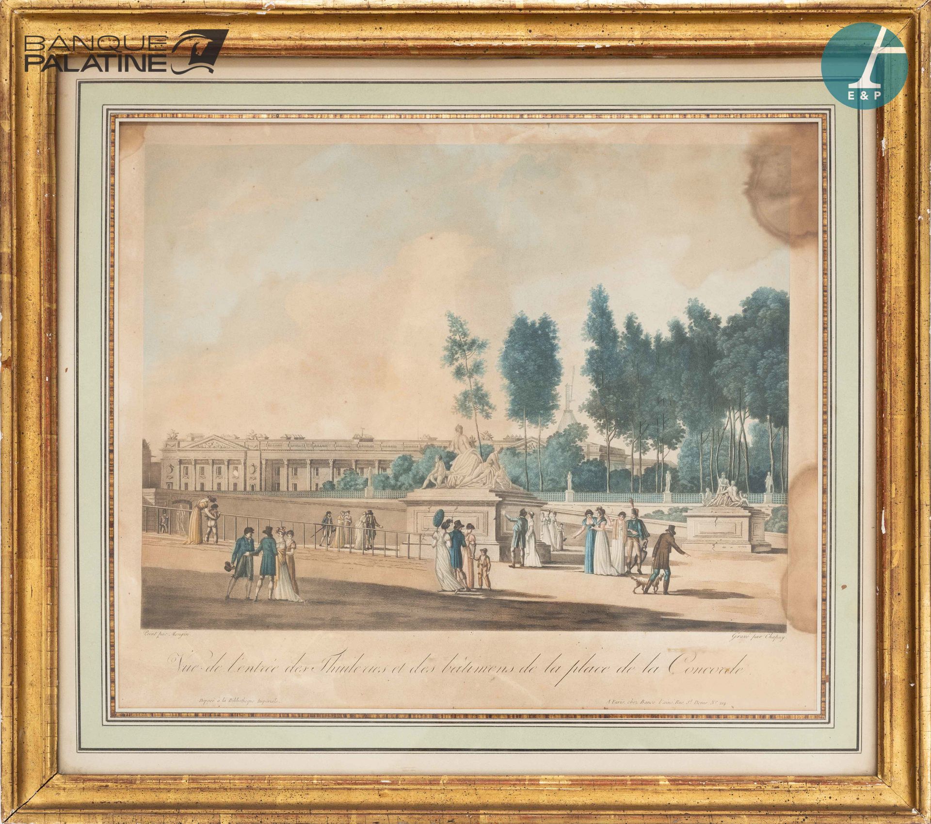 Null 在莫金之后，由夏普伊雕刻，杜伊勒里宫的入口和协和广场的建筑景观，多色雕刻

在一个镀金的木框中

19世纪

污点和坑洞

视线尺寸：36厘米 x 4&hellip;