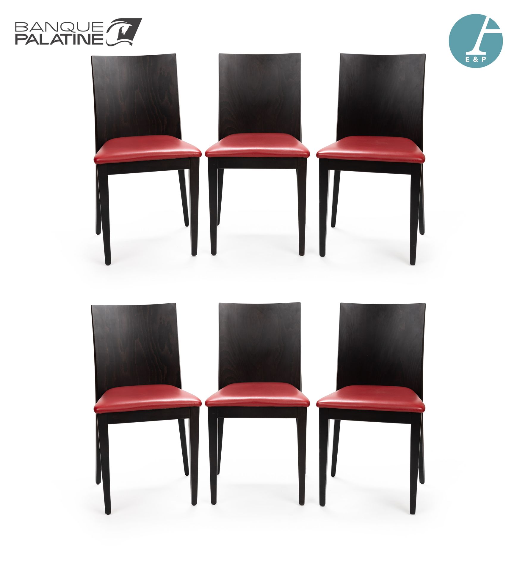 Null BILLIANI 意大利制造，一套6把椅子，黑化木框架，红色皮革座椅。

状况良好 - 其中一把椅子的背面有一个缺口。