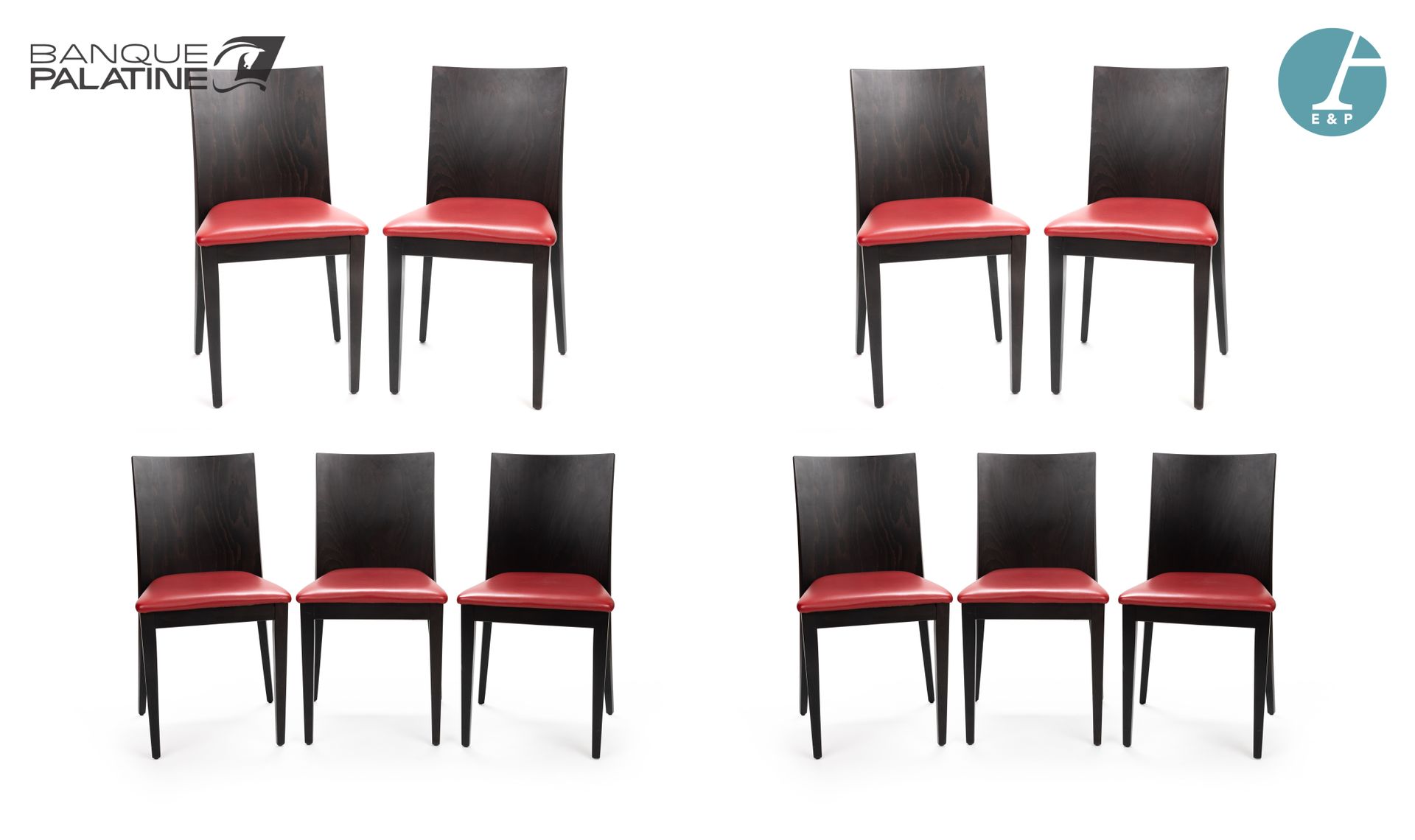 Null BILLIANI 意大利制造，一套10把椅子，黑化木框架，红色皮革座椅。

状况良好 - 其中一把椅子的背面有一个缺口。