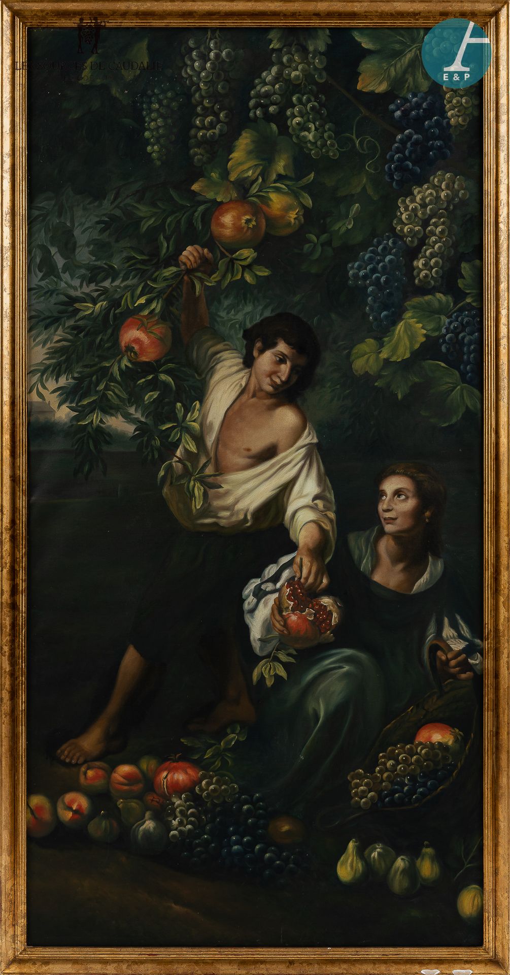 Null 从7号房间 "葡萄种植者 "开始。

在18世纪意大利绘画的味道 "禁果的收获，英勇的场景"，布上油画。20世纪。

车架的损坏。

210厘米 x &hellip;