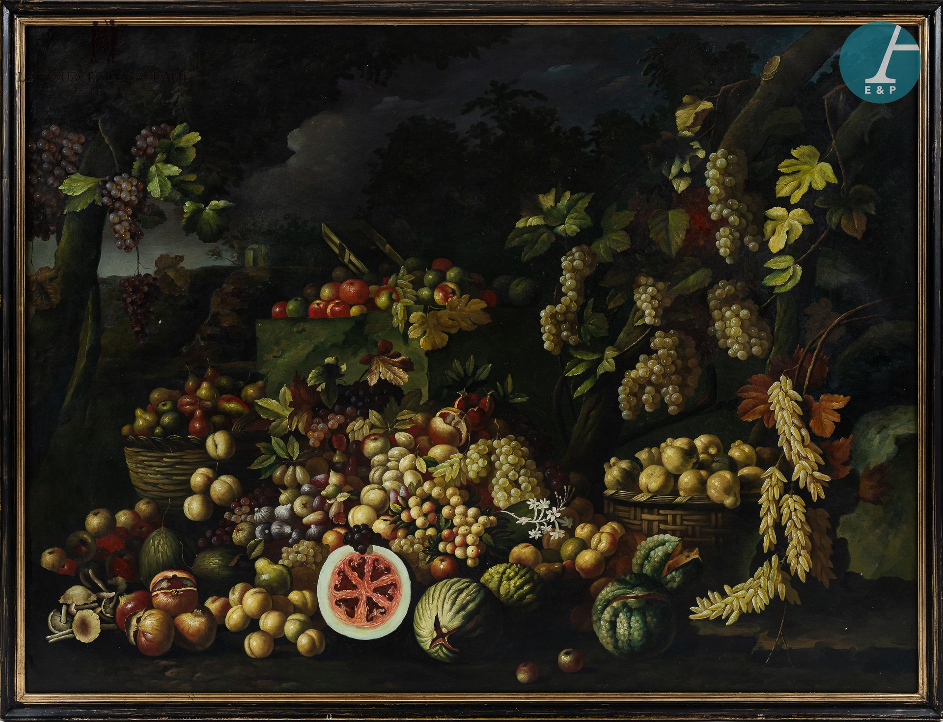 Null 来自1号房的 "L'Etiquette"。

重要的装饰画，在17世纪的味道，"静物与葡萄，梨，西瓜，橙子，石榴，苹果，榅桲，无花果在一个夹板上"，布&hellip;