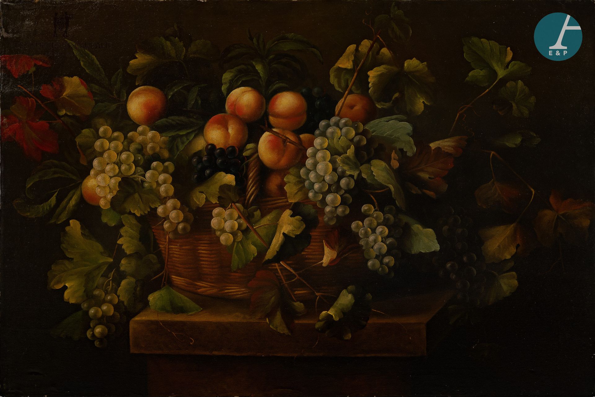 Null 从7号房间 "葡萄种植者 "开始。

在18世纪意大利绘画的味道 "柱子上的水果静物"，布面油画。20世纪。

61厘米x91厘米
