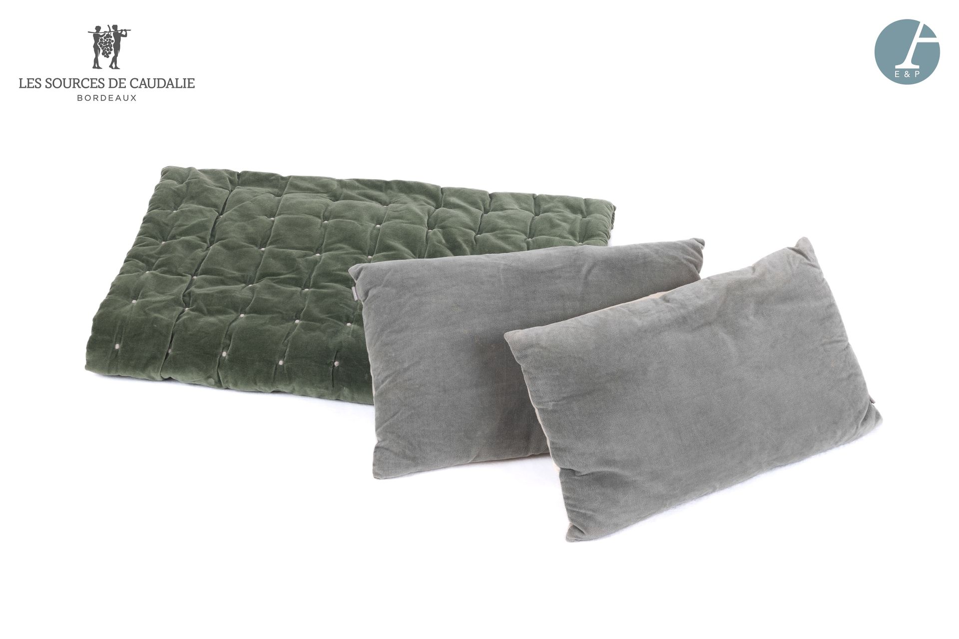 Null 来自卡达里资源公司（Grange à Bateaux）。
床组包括两个绿色和灰色天鹅绒的靠垫和一个绿色天鹅绒的毛毯。
坐垫59x35厘米
床罩238x&hellip;