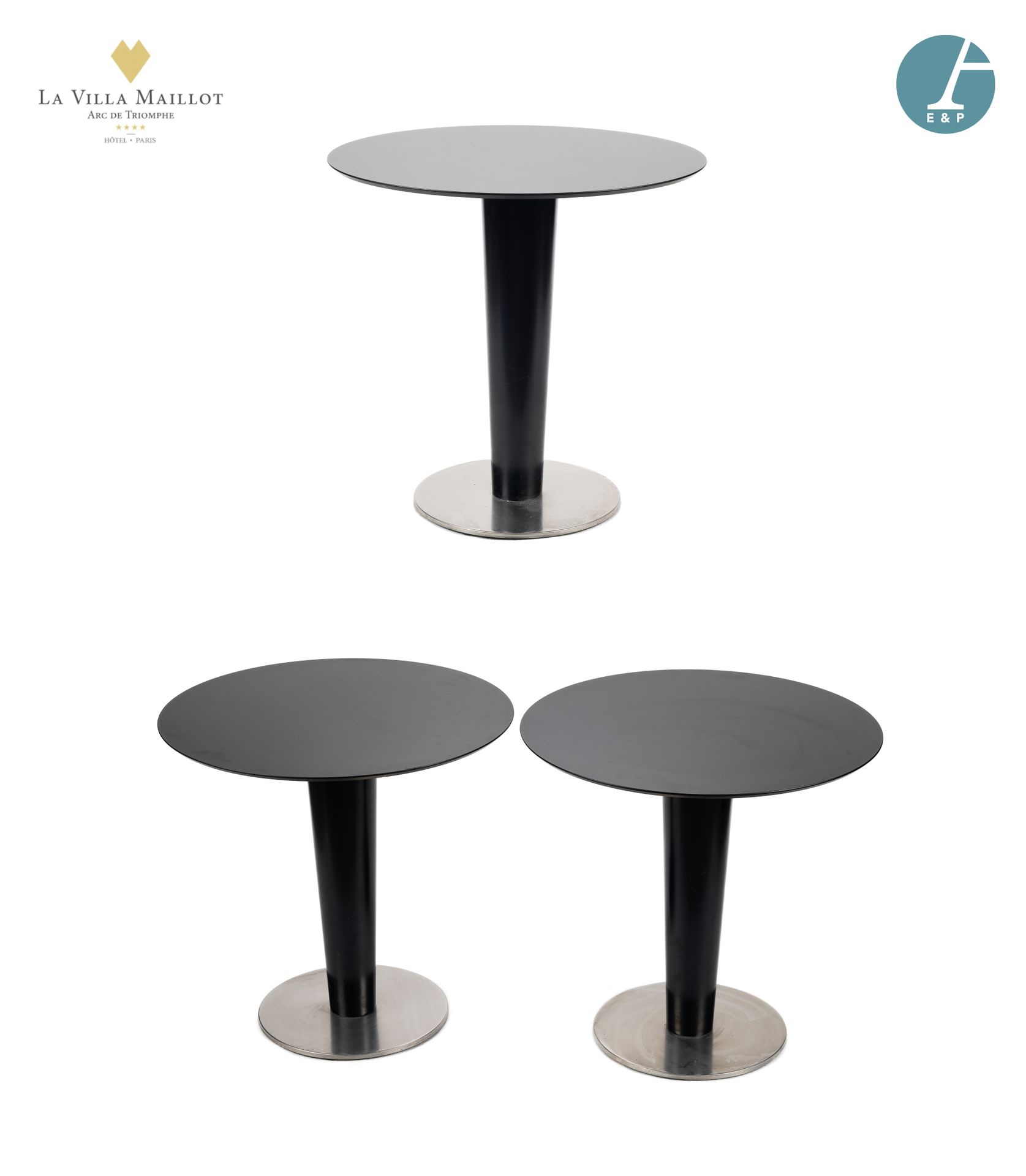 Null Lot de trois tables, plateau circulaire en composition noire, reposant sur &hellip;