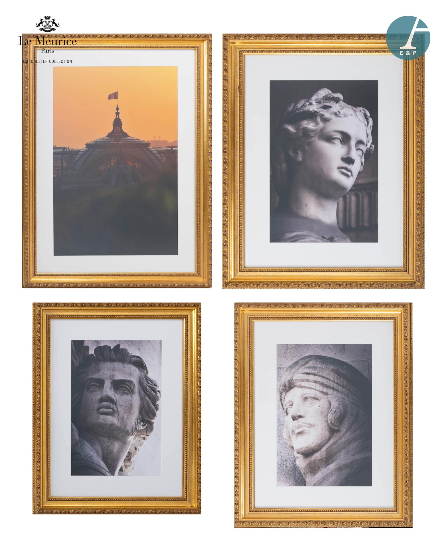 Null 来自Le Meurice酒店。
一套四张带框照片，展示了巴黎纪念碑、花园和桥梁（大皇宫等）的雕塑细节。 
现代版画。
最大的尺寸：98 x 73厘米。&hellip;