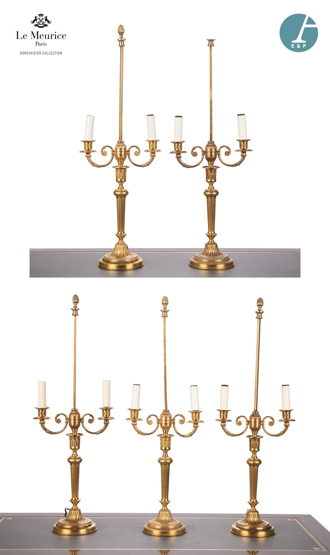 Null From Hôtel Le Meurice.
Set of five ormolu lampstands, with two scrolled lig&hellip;