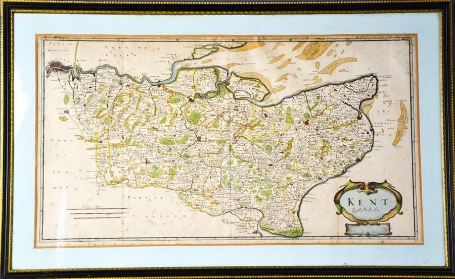 Null A 17th century map of Kent by Robert Morden, with coloured highlights, 36 b&hellip;