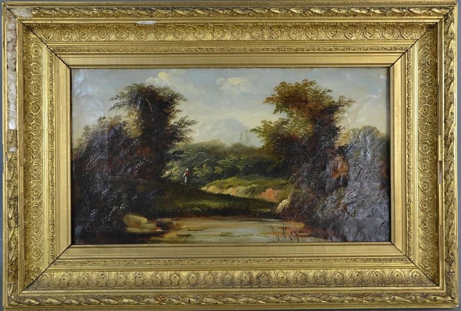 Null Agenes [19th century]: riverside landscape with figure in distance, oil on &hellip;