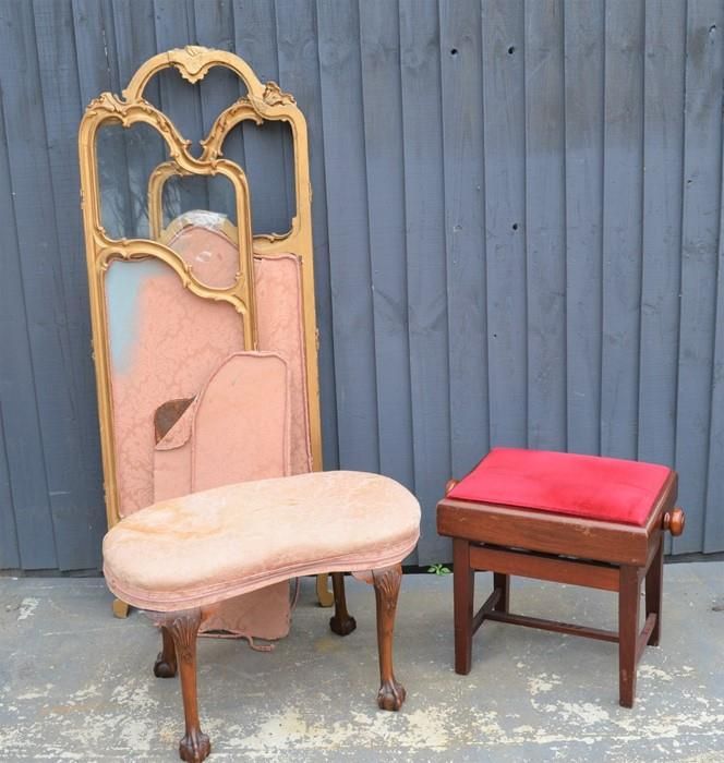 Null 一张红木可调凳子和一张法式鎏金木折叠屏风以及一张维多利亚时代的凳子