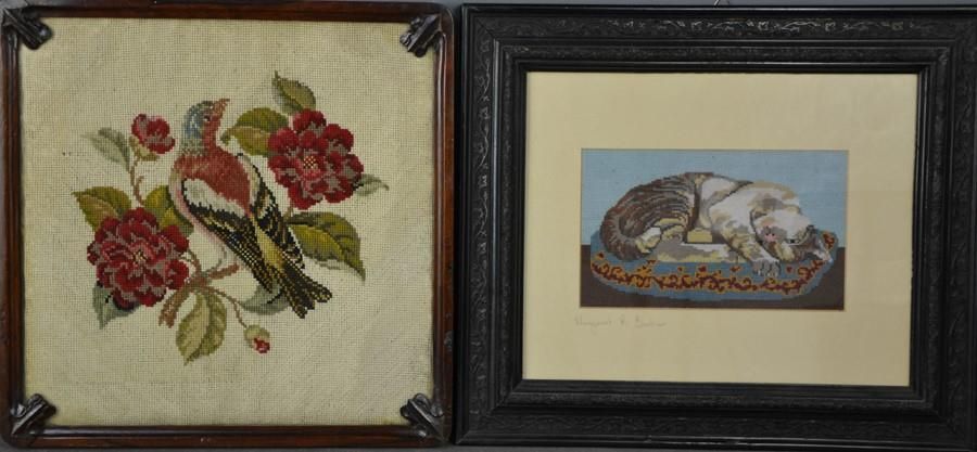 Null A Victorian needlework panel in mahogany frame, a needlwork depicting cat b&hellip;