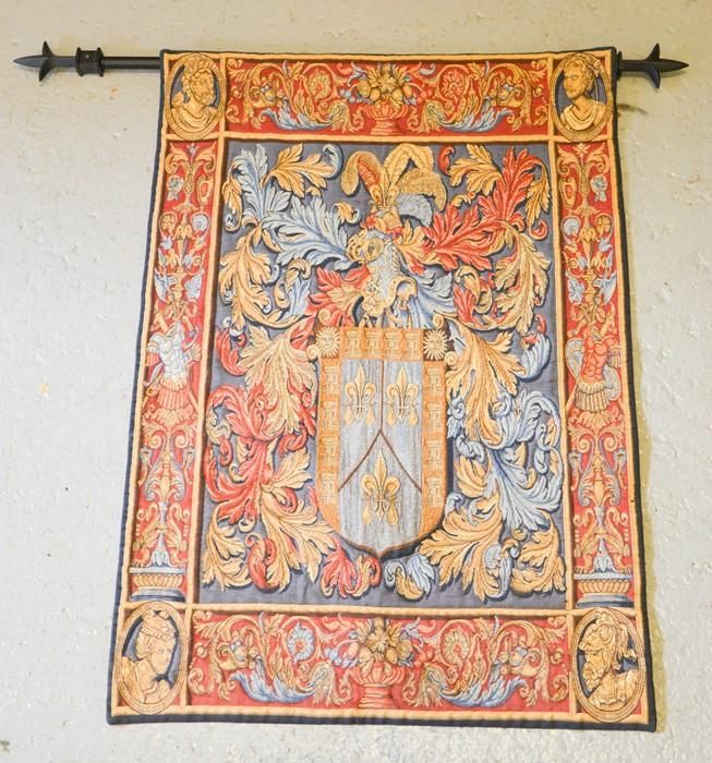 Null A tapestry French style wall hanging, on metal pole, depicting a crest, wit&hellip;