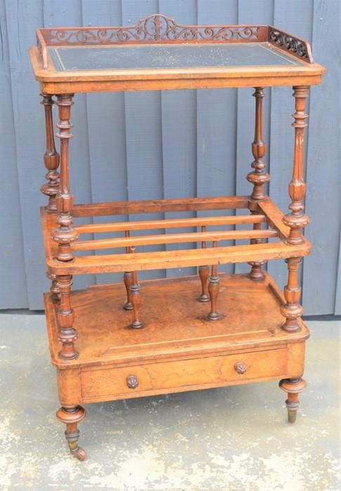 Null A Victorian walnut veneer Canterbury whatnot with fretwork gallery, raised &hellip;