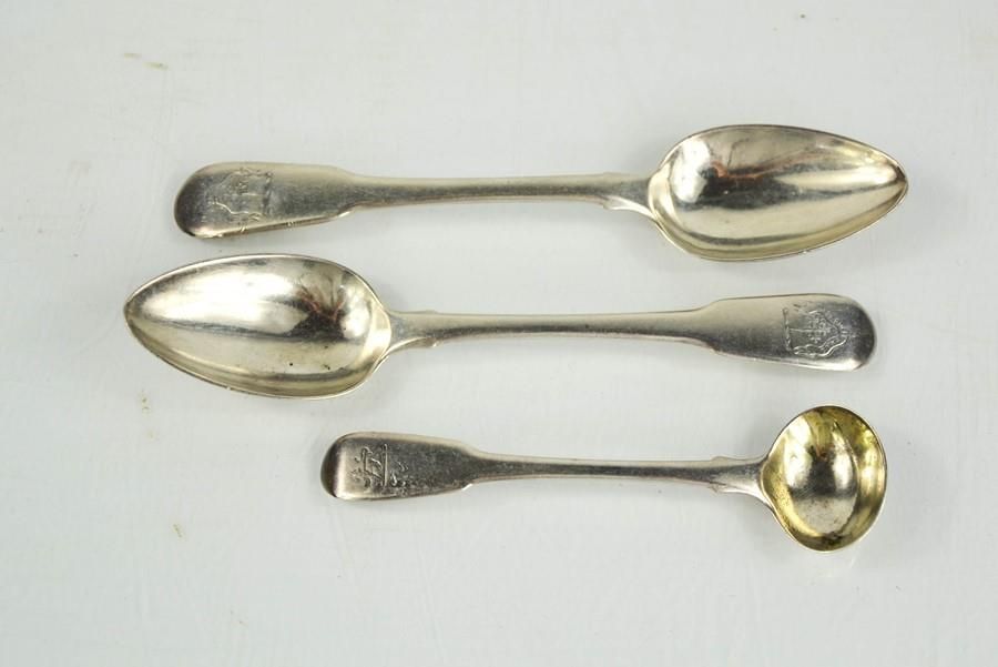 Null Two silver Georgian tea spoons, engraved with motto In Cruce Salus, togethe&hellip;