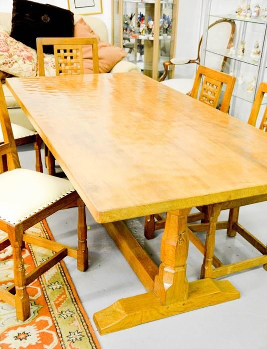 Null A Wilf Hutchinson 'Squirrelman' oak refectory/trestle table, with adzed top&hellip;