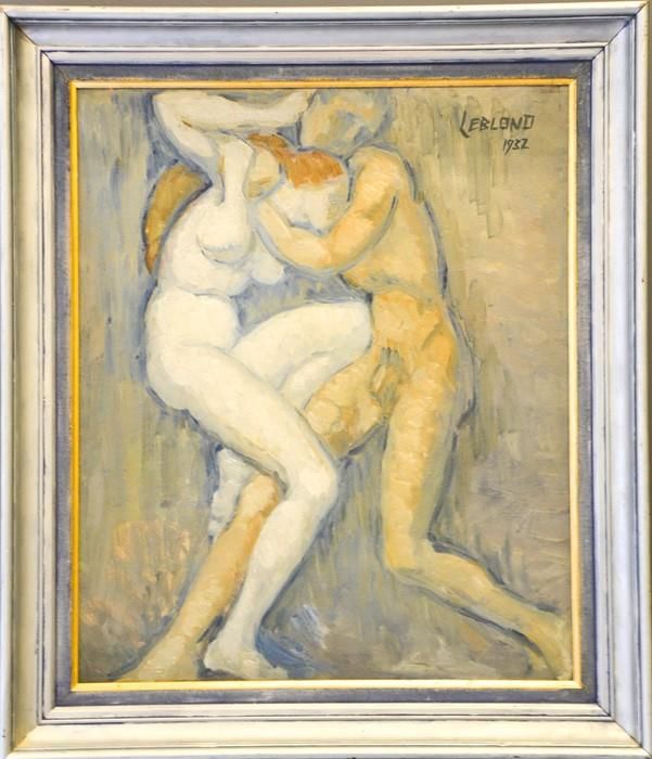 Null Leblond (20th century): figures embracing, oil on board, signed and dated 1&hellip;