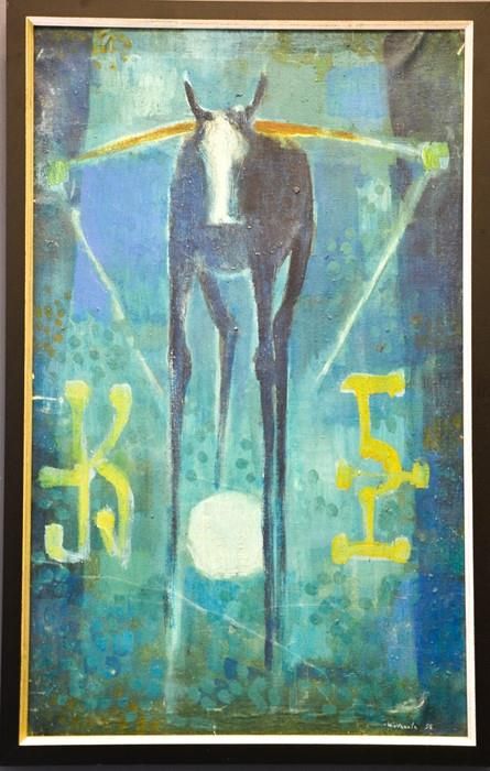 Null Hiovanola (Russian): horse and symbols, signed and dated ’55, 60 by 36cm.