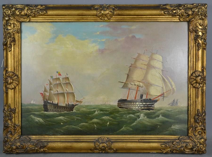 Null 一幅19世纪的画布油画，描绘了波涛汹涌的海面上的战舰，没有署名，34厘米×49厘米