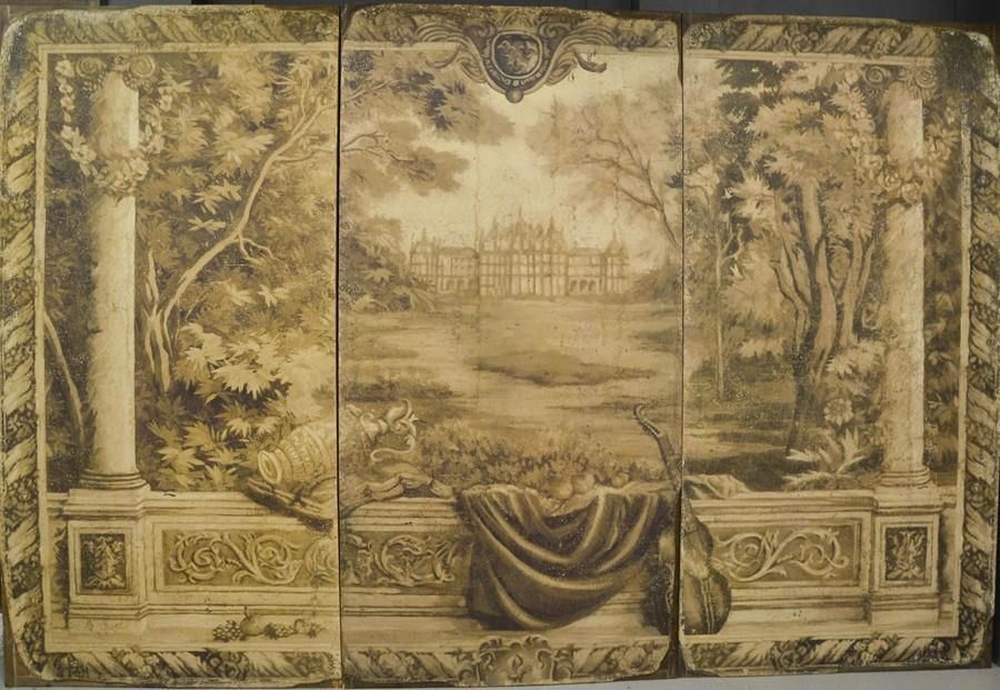 Null Three large panels depicting sepia country house scene in the antique style&hellip;