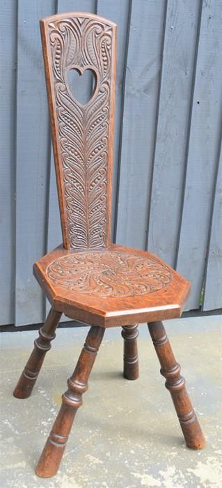 Null A 19th century Welsh oak carved spinning chair dated 1898, 92cm high by 30c&hellip;
