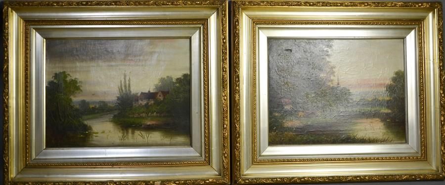 Null 一对19世纪的布面油画，描绘了风景中的牛和河边的小屋，没有签名，30乘38厘米。