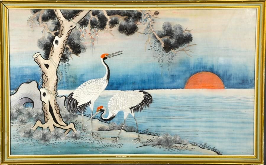 Null A Japanese silk needlework, depicting cranes in the sunset, circa 1920, 34 &hellip;