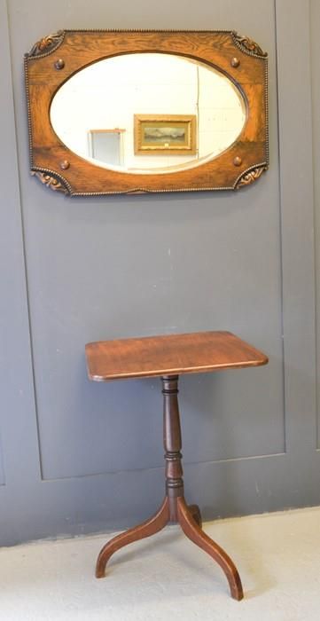 Null A 1930s oak mirror and an oak 19th century tripod table.