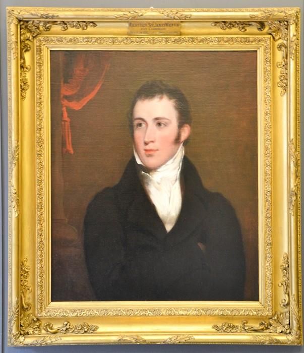 Null 托马斯-巴伯（1786-1843）：19世纪副校长詹姆斯-威格拉姆爵士的肖像，大约在1818年，画框顶部有一个雕刻的牌子，布面油画，74 x 61厘米&hellip;