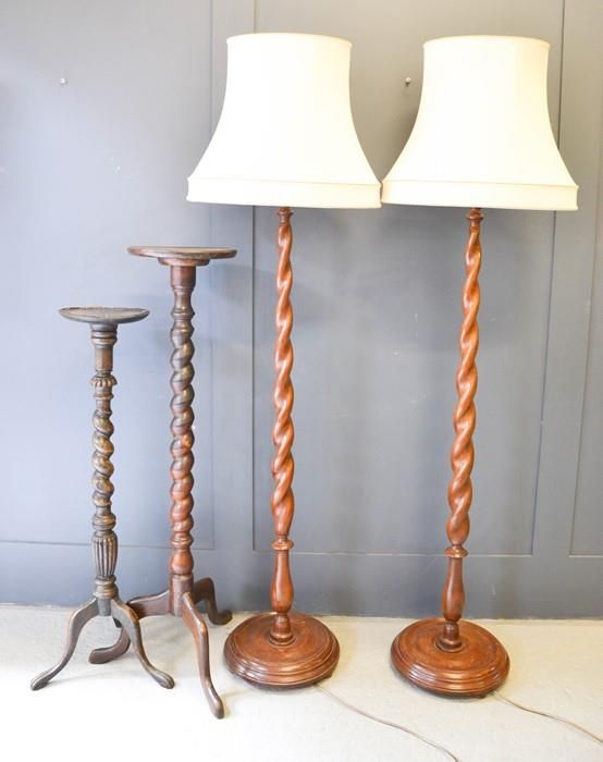 Null Two 19th century mahogany torchere's, together with a pair of barleytwist l&hellip;