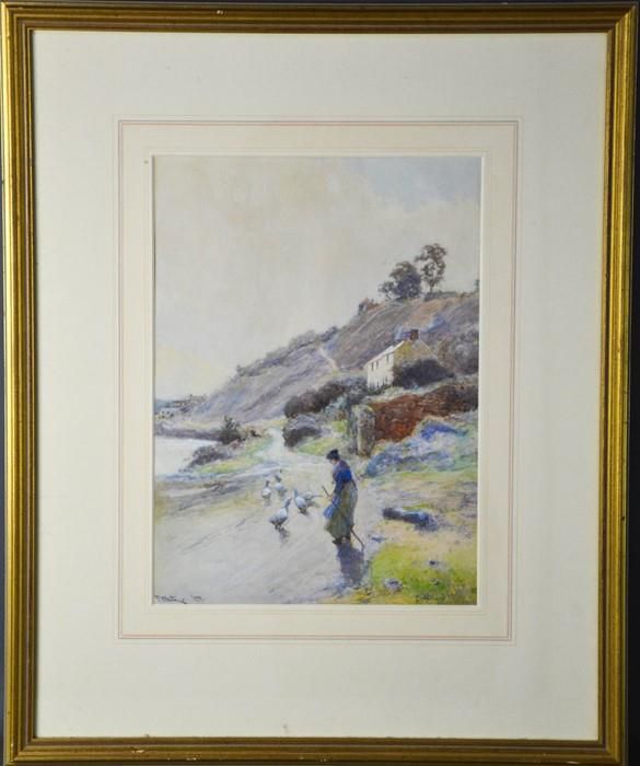 Null 约翰-怀特（1851-1933）。瞭望台上的鹅姑娘》，水彩画，有签名和日期'97，34 x 25cm。
