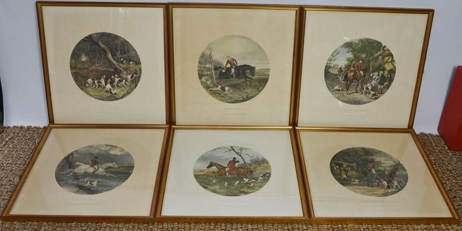 Null Ein Satz von sechs Drucken aus dem 19. Jahrhundert, Jagdszenen in Rondellen&hellip;